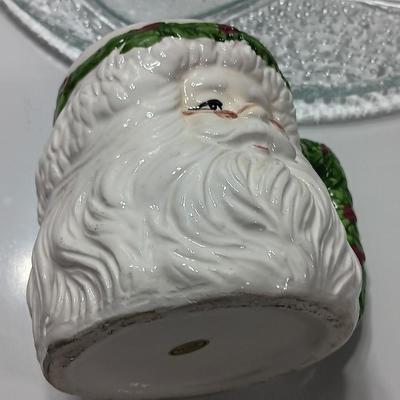 Two Santa head mugs and a Teddy bear platter - Cookies and Milk please!