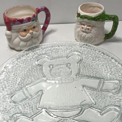 Two Santa head mugs and a Teddy bear platter - Cookies and Milk please!