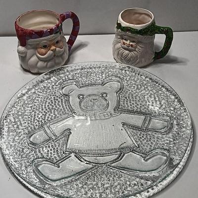Two Santa head mugs and a Teddy bear platter - Cookies and Milk please!
