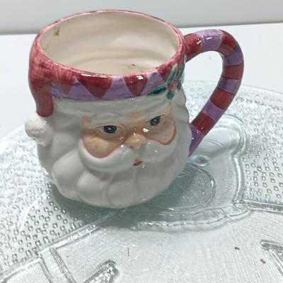 Two Santa head mugs and a Teddy bear platter - Cookies and Milk please!