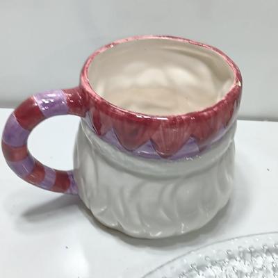 Two Santa head mugs and a Teddy bear platter - Cookies and Milk please!