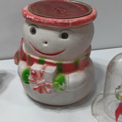 Vintage Christmas Decor - Snowmen candle holders and bells