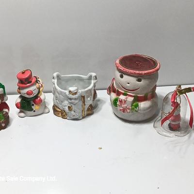 Vintage Christmas Decor - Snowmen candle holders and bells