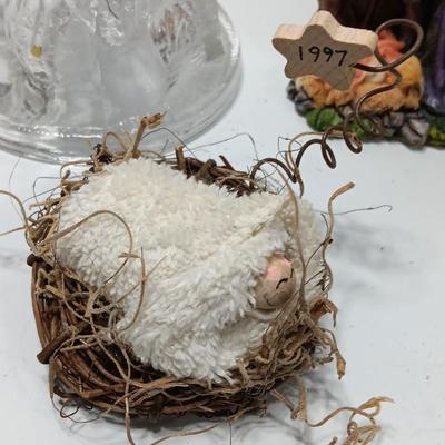 Nativity scene items - glass candle holder - vintage ornament - Baby Jesus and a newer ornament too