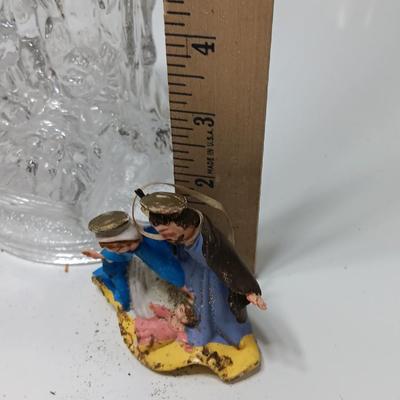 Nativity scene items - glass candle holder - vintage ornament - Baby Jesus and a newer ornament too