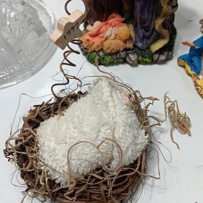 Nativity scene items - glass candle holder - vintage ornament - Baby Jesus and a newer ornament too