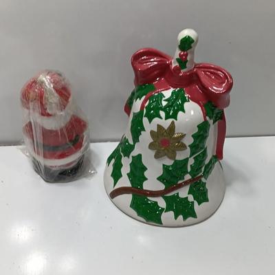 Vintage Ceramic bell Seasons greetings with Interpur wax Santa