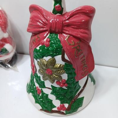 Vintage Ceramic bell Seasons greetings with Interpur wax Santa