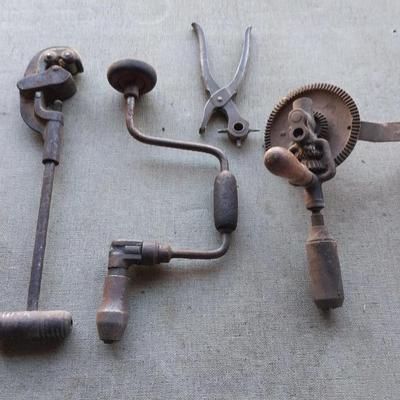 Vintage tools - leather punch - wood handled drills - and vintage pipe cutter