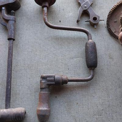 Vintage tools - leather punch - wood handled drills - and vintage pipe cutter