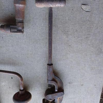 Vintage tools - leather punch - wood handled drills - and vintage pipe cutter