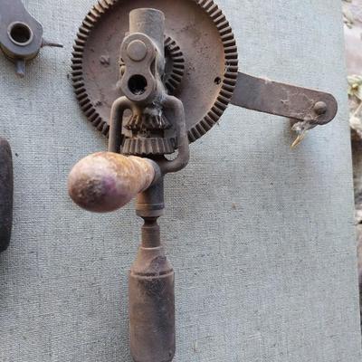 Vintage tools - leather punch - wood handled drills - and vintage pipe cutter
