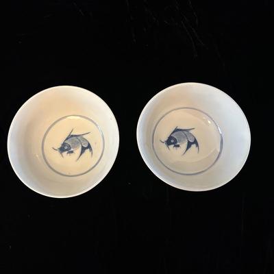 Blue & White Porcelain Bowls with Asian Motif & Translucent Accents (K-KL)