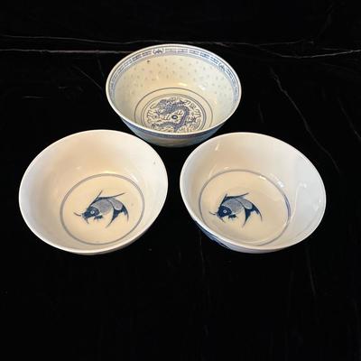 Blue & White Porcelain Bowls with Asian Motif & Translucent Accents (K-KL)
