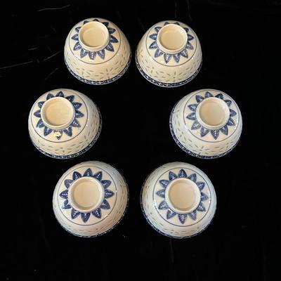 Blue & White Porcelain Bowls with Asian Motif & Translucent Accents (K-KL)