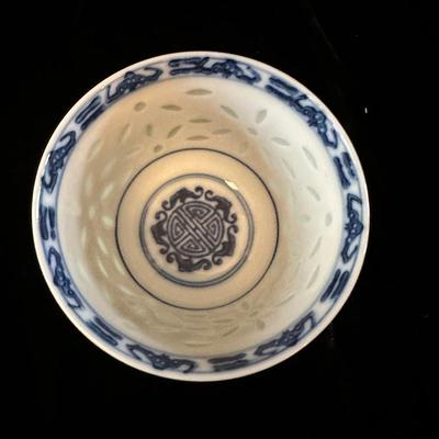 Blue & White Porcelain Bowls with Asian Motif & Translucent Accents (K-KL)