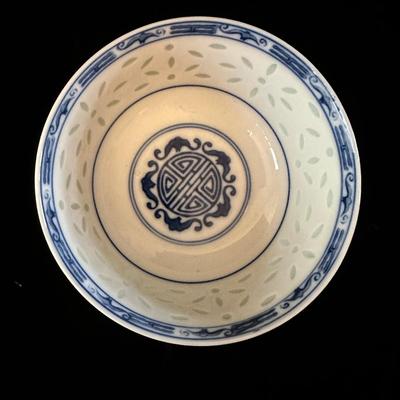 Blue & White Porcelain Bowls with Asian Motif & Translucent Accents (K-KL)