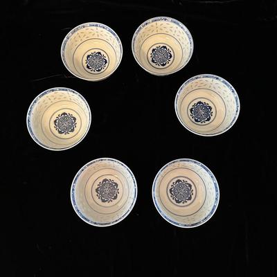 Blue & White Porcelain Bowls with Asian Motif & Translucent Accents (K-KL)