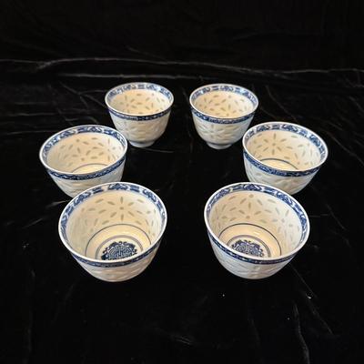 Blue & White Porcelain Bowls with Asian Motif & Translucent Accents (K-KL)
