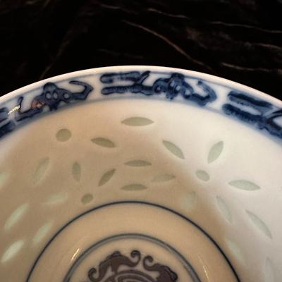 Blue & White Porcelain Bowls with Asian Motif & Translucent Accents (K-KL)