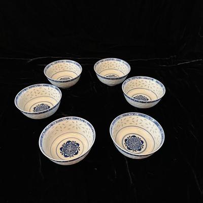 Blue & White Porcelain Bowls with Asian Motif & Translucent Accents (K-KL)
