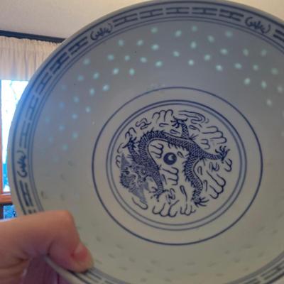 Blue & White Porcelain Bowls with Asian Motif & Translucent Accents (K-KL)