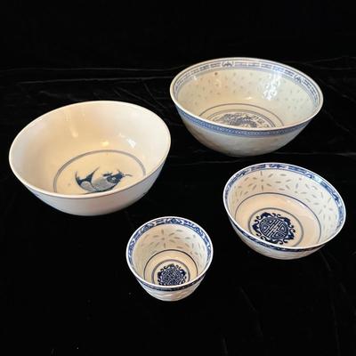 Blue & White Porcelain Bowls with Asian Motif & Translucent Accents (K-KL)