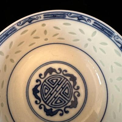 Blue & White Porcelain Bowls with Asian Motif & Translucent Accents (K-KL)