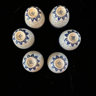 Blue & White Porcelain Bowls with Asian Motif & Translucent Accents (K-KL)