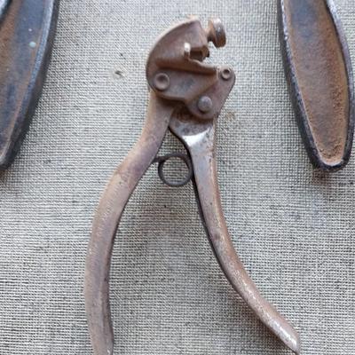 Crowbar - bolt cutters- and a vintage drill with wooden handle