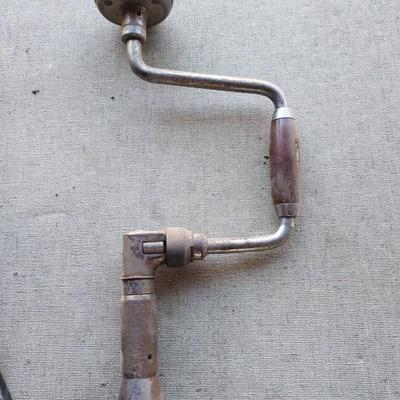 Crowbar - bolt cutters- and a vintage drill with wooden handle