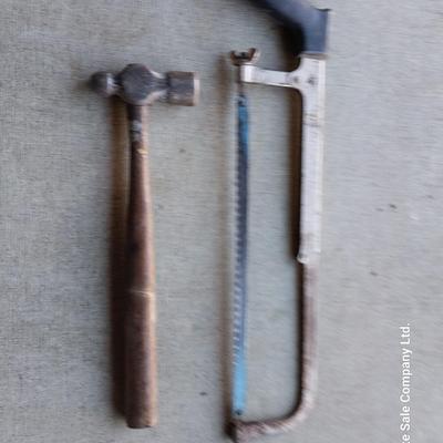 Large Sheers - vintage drill - hatchet- ball ping hammer and a hacksaw