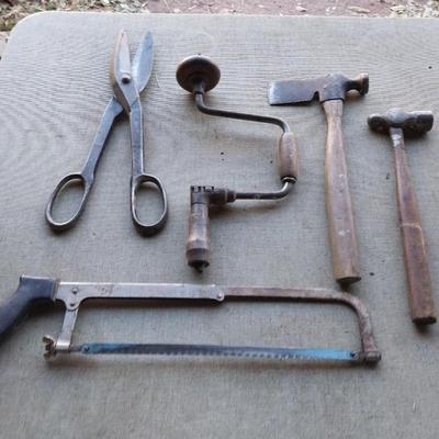 Large Sheers - vintage drill - hatchet- ball ping hammer and a hacksaw