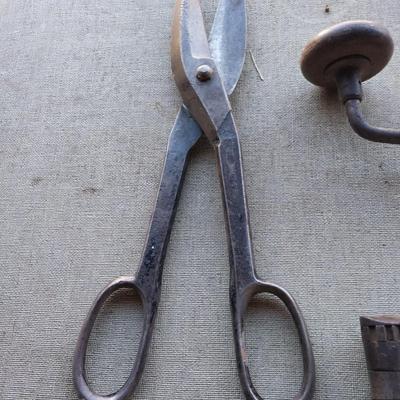 Large Sheers - vintage drill - hatchet- ball ping hammer and a hacksaw