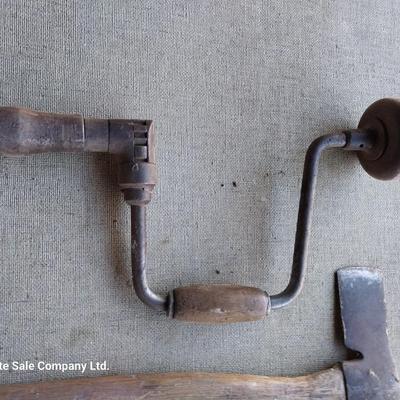Large Sheers - vintage drill - hatchet- ball ping hammer and a hacksaw