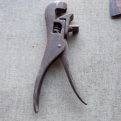 Large sheers = Hatchet - vintage drill with wood handle and antique saw set tool