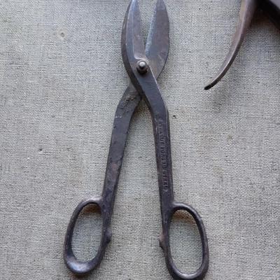 Large sheers = Hatchet - vintage drill with wood handle and antique saw set tool