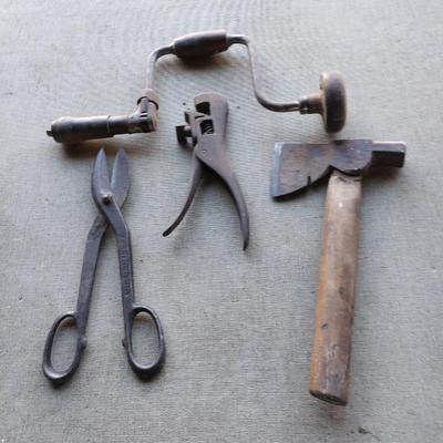 Large sheers = Hatchet - vintage drill with wood handle and antique saw set tool