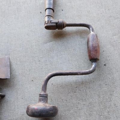 Large sheers = Hatchet - vintage drill with wood handle and antique saw set tool