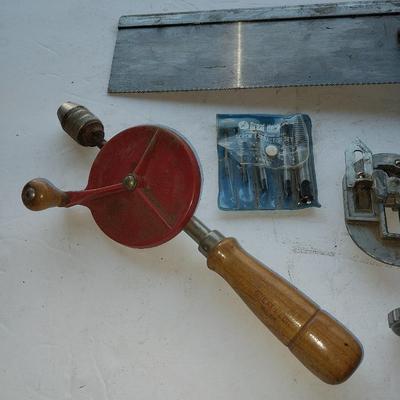 Carpenter tools - sledgehammer - saw - pipe cutter- and vintage drill