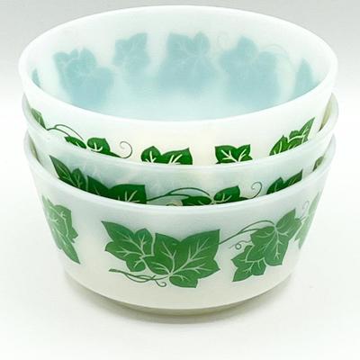 HAZEL ATLAS ~ Green Ivy ~ Milk Glass Cereal/Soup Bowl ~ Set Of Three (3)
