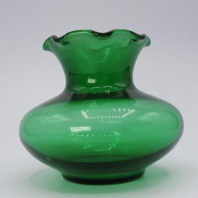 Small Clear Green Glass Ruffled Edge Oblong MCM Decor Vase