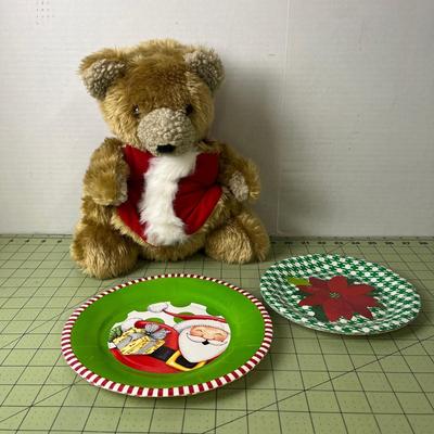 Santa Teddy Bear with Christmas Plates