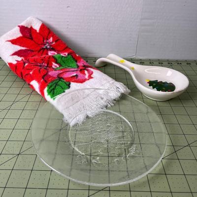 Glass Christmas Plate, Dish Towel, and Spoon Plate