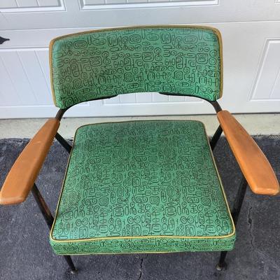 Green Mid-Century design padded chair with wooden arms, metal legs 29"H 25"W 19"seat depth