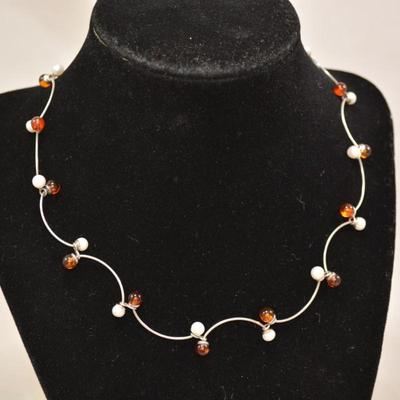 925 Sterling Baltic Amber & Cultured Pearl Necklace 16