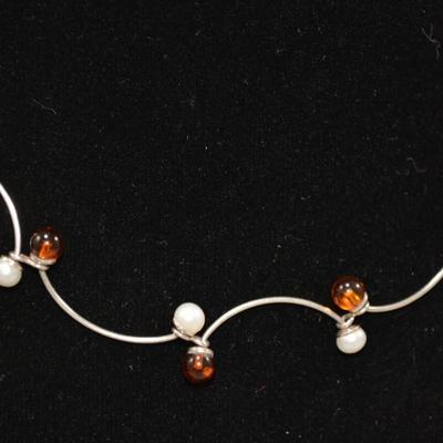 925 Sterling Baltic Amber & Cultured Pearl Necklace 16