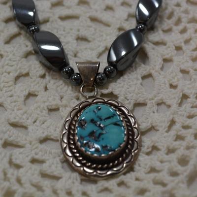 Heavy 925 Sterling & Turquoise Necklace w/ Hematite 26