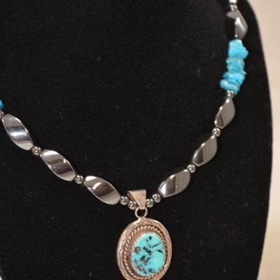 Heavy 925 Sterling & Turquoise Necklace w/ Hematite 26" 101.3g
