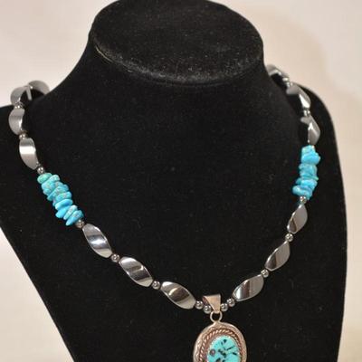 Heavy 925 Sterling & Turquoise Necklace w/ Hematite 26" 101.3g